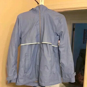 Charles River Apparel hooded rain jacket.  Blue with silver trim.  Size S.